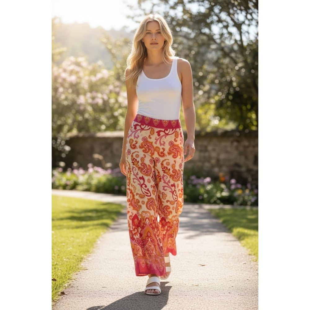 Haute Hippie Orange Floral Paisley Linen Blend‎ Wide Leg Boho Pants XS Sm Med
